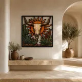 Longhorn Cow Skull with Cactus and Radiant Sun Colorful Metal Wall Art