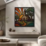 Country Church along Winding Path at Sunrise Colorful Metal Wall Art