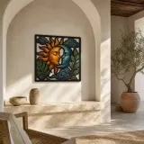 Sun and Moon Faces with Tropical Leaves Colorful Metal Wall Art