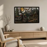 Cruiser Motorcycle outside Rustic Mountain Cabin Colorful Metal Wall Art