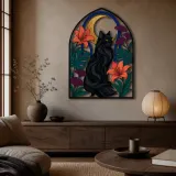 Black Cat with Tropical Flowers and Crescent Moon Colorful Metal Wall Art