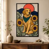 Golden Retriever mit Sonnenblumen und roter Sonne - Bunte Metall-Wandkunst