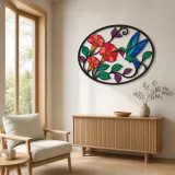 Hummingbird with Trumpet Flowers in Oval Frame Colorful Metal Wall Art