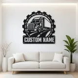 Personalized Semi Truck Metal Wall Art with Gear Frame