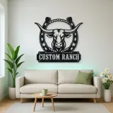 Personalized Longhorn Ranch Metal Wall Art with Horseshoe Frame