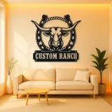 Personalized Longhorn Ranch Metal Wall Art with Horseshoe Frame