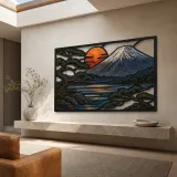 Mount Fuji with Pine Tree and Copper Sunset Colorful Metal Wall Art