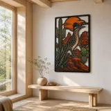 Roadrunner with Cactus in Desert Sunset Colorful Metal Wall Art