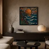 Mid Century Coastal Cliffs with Ocean Sunset Colorful Metal Wall Art