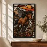 Laufendes Braunes Pferd mit Bergsunset - Buntes Metallschild