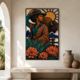 Black Cowgirl with Bison and Protea Flowers Colorful Metal Wall Art