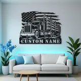 Personalized Logging Semi Truck Metal Wall Art with American Flag