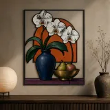 White Orchids in Blue Vase with Fruit Colorful Metal Wall Art