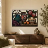 Dekorative Keramik mit Protea-Blumen und Orangen - Bunte Metall-Wandkunst