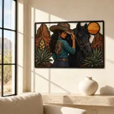 Cowgirl with Black Horse and Desert Moon Colorful Metal Wall Art