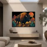 Bison with Cactus in Colorful Southwest Desert Metal Wall Art