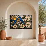 Bluebird Pair with Dogwood Flowers at Sunrise Colorful Metal Wall Art