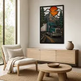 Green Semi Truck on Mountain Highway Colorful Metal Wall Art