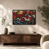 Bunte Metall-Wandkunst mit rotem Ahornzweig über Lotusfluss und Vollmond