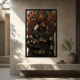 Black Firefighter with Helmet before Flame Emblem Colorful Metal Wall Art