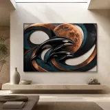 Orca Mother and Calf with Abstract Copper Moon Colorful Metal Wall Art
