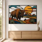 Bison in Southwest Desert beneath Copper Sun Colorful Metal Wall Art