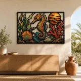 Seahorse with Shells Coral and Ocean Sunset Colorful Metal Wall Art