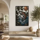 Salmon Leaping through Mountain River Rapids Colorful Metal Wall Art