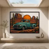 Vintage Pickup Truck on Desert Road at Sunset Colorful Metal Wall Art