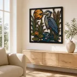 Great Blue Heron in Cattails at Full Moon Colorful Metal Wall Art