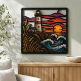Coastal Lighthouse with Waves at Colorful Sunset Metal Wall Art