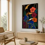Black Woman Reading among Hibiscus and Moon Colorful Metal Wall Art