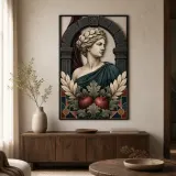 Insegna in metallo colorata con donna classica in marmo con melograni e alloro