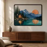 Bergsee-Hütte unter Kupfer-Sonnenuntergang Farbige Metall-Wandkunst