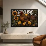 Hen and Chicks with Sunflowers by Barn Colorful Metal Wall Art