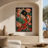 Japanese Woman with Koi Fish and Lotus Flowers Colorful Metal Wall Art