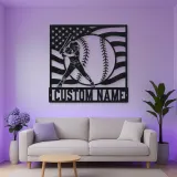 Personalized Softball Player and American Flag Metal Wall Art