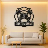 Personalized Firefighter Helmet Metal Wall Art with Crossed Axes