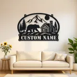 Personalized Bear Cabin Metal Wall Art with Mountain Scene