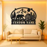 Personalized Bear Cabin Metal Wall Art with Mountain Scene