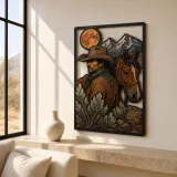 Cowboy with Horse Mountains and Full Moon Colorful Metal Wall Art