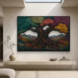 Colorful Ancient Tree of Life in Mountain Meadow Metal Wall Art