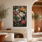 Crane in Lotus Pond beneath Copper Moon Colorful Metal Wall Art
