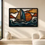Sailboat on Rolling Ocean Waves at Sunset Colorful Metal Wall Art
