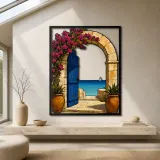 Blue Mediterranean Door with Bougainvillea and Sea Colorful Metal Wall Art