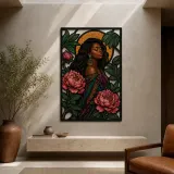 Afro Woman with Peonies and Celestial Moon Colorful Metal Wall Art