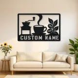 Personalized Coffee Station Metal Wall Art with Grinder