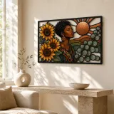 Afro Woman with Sunflowers and Copper Sun Colorful Metal Wall Art