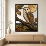 Barn Owl on Oak Branch beneath Full Moon Colorful Metal Wall Art