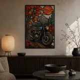 Classic Motorcycle on Autumn Mountain Road Colorful Metal Wall Art